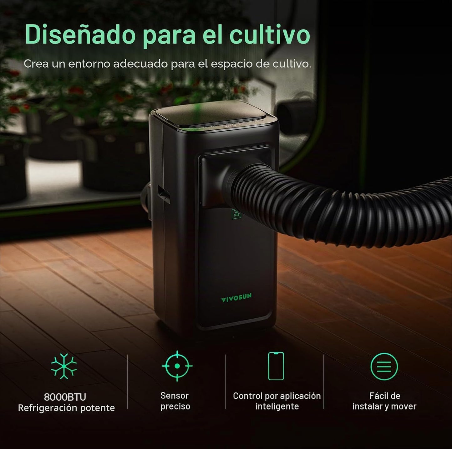 VIVOSUN AeroLush C08 Aire Acondicionado Inteligente, 7000 BTU, Función 4 en 1 con Sensor de Temperatura y Humedad, Control Remoto Inteligente, Ideal para Tiendas de Cultivo y Espacios Interiores
