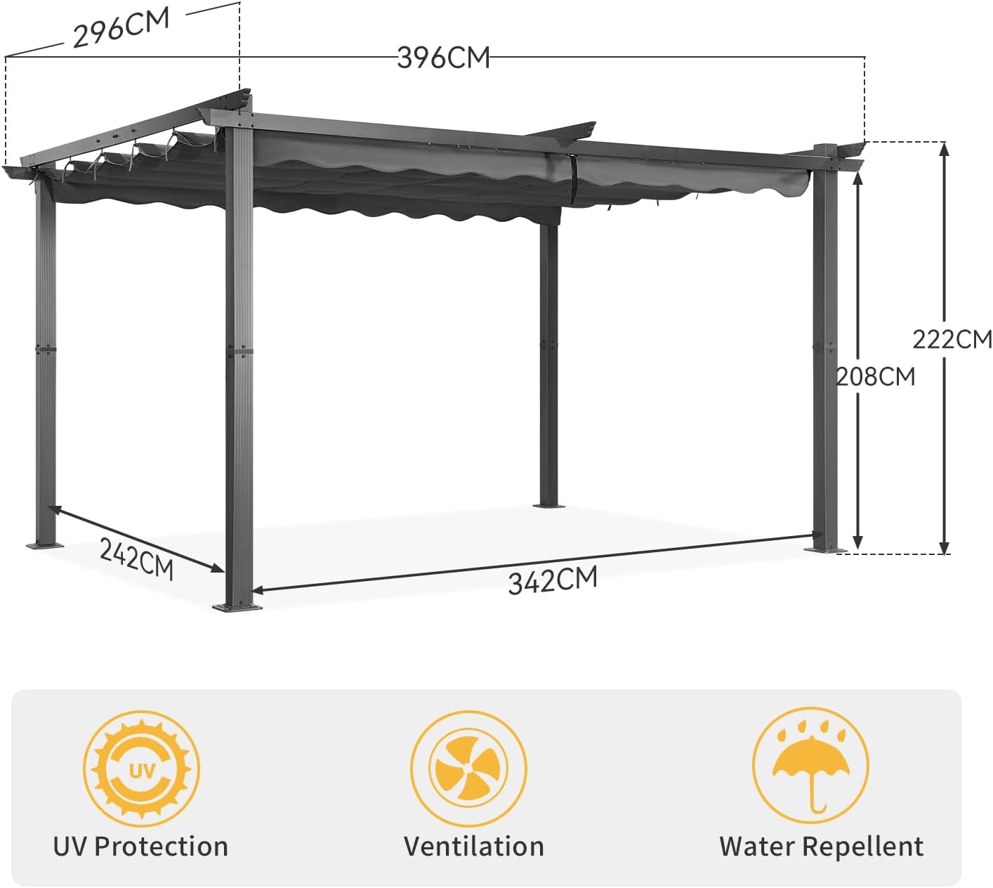 Angel Living Pérgola de Aluminio de 3 x 4 m con Techo retráctil, Pabellón con Diseño Elegante, Cenador con Tela de Poliéster Resistente al Agua y a UV, para Exteriores, Patio, jardín (Gris, 3 x 4)