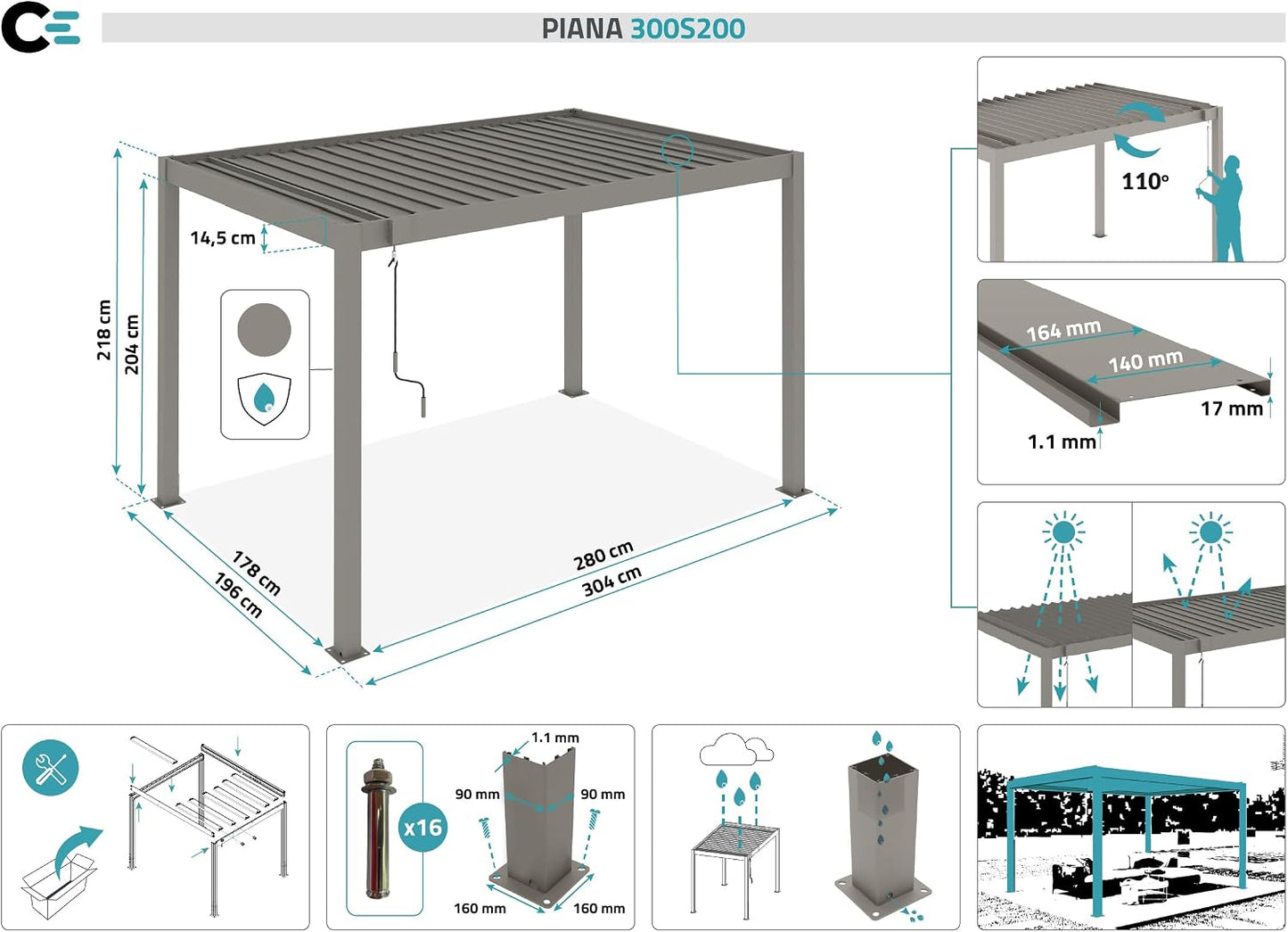 CAZEBOO Pérgola Bioclimática Autoportante Piana 297x195 cm (3x2 m – 6 m²) Aluminio Gris Topo – Lamas Orientables 0-110° Acero – Resistencia Viento 70 km/h – Kit Completo con Manivela y Anclajes