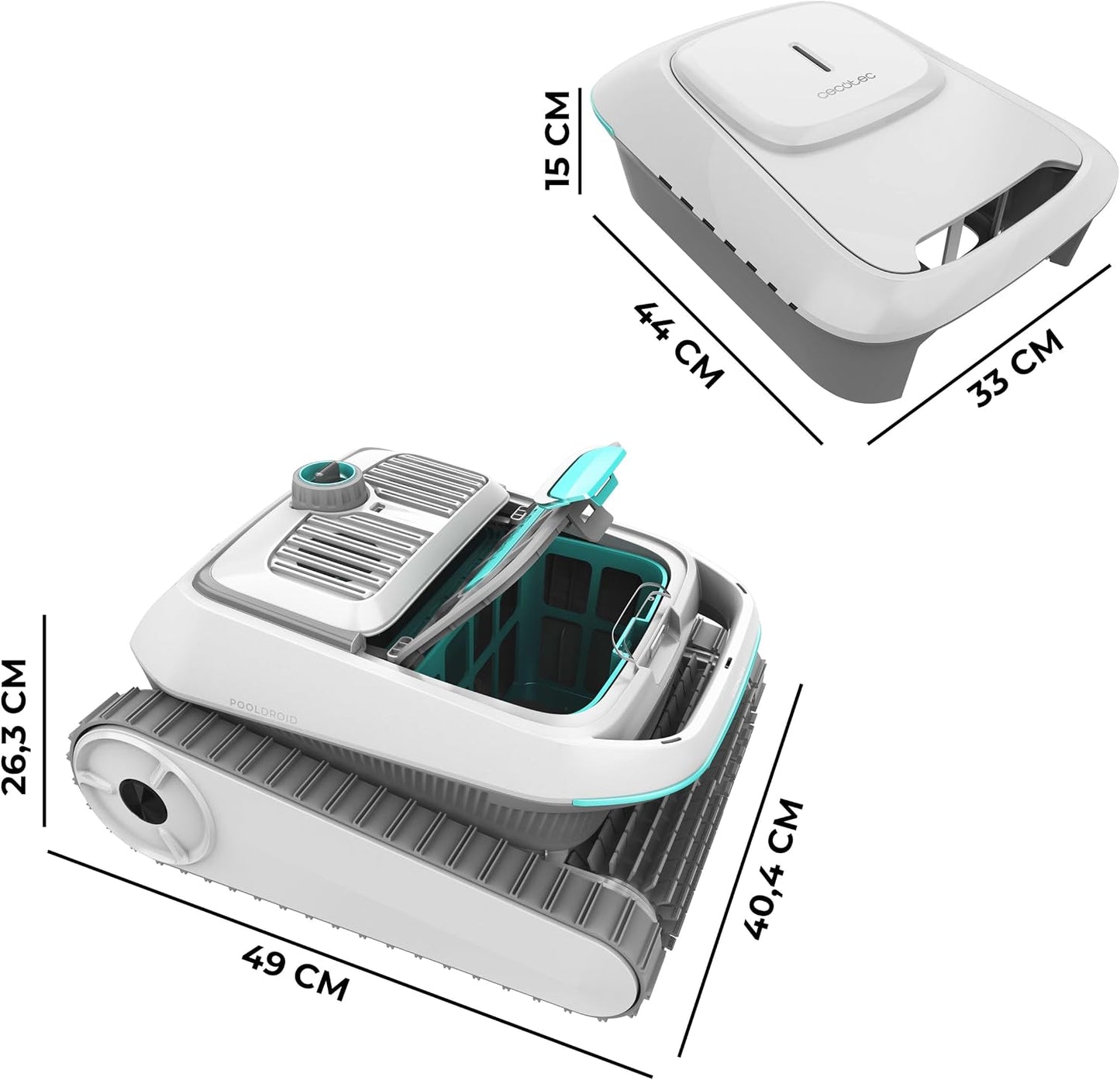 Cecotec Robot Limpiapiscinas para Fondos, Paredes, Línea de Flotación y Superficie Conga Pooldroid 10000 TotalClean AquaSkater. 300m2, Limpieza Ordenada, Autonomía 150mins, Capacidad 4L, App y Mando