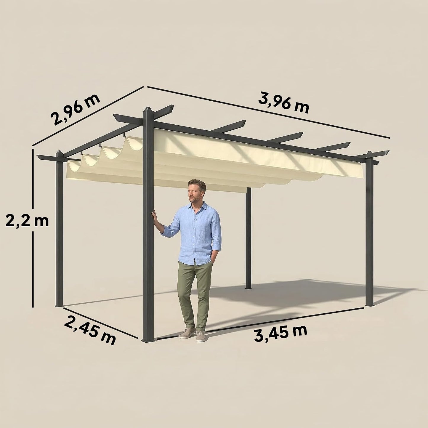 Outsunny Pérgola de Jardín 4x3 m con Techo Retráctil, Cenador de Jardín con Estructura de Aluminio, UPF30+, Orificios de Drenaje, Pabellón para Exterior, Patio, Terraza, Crema