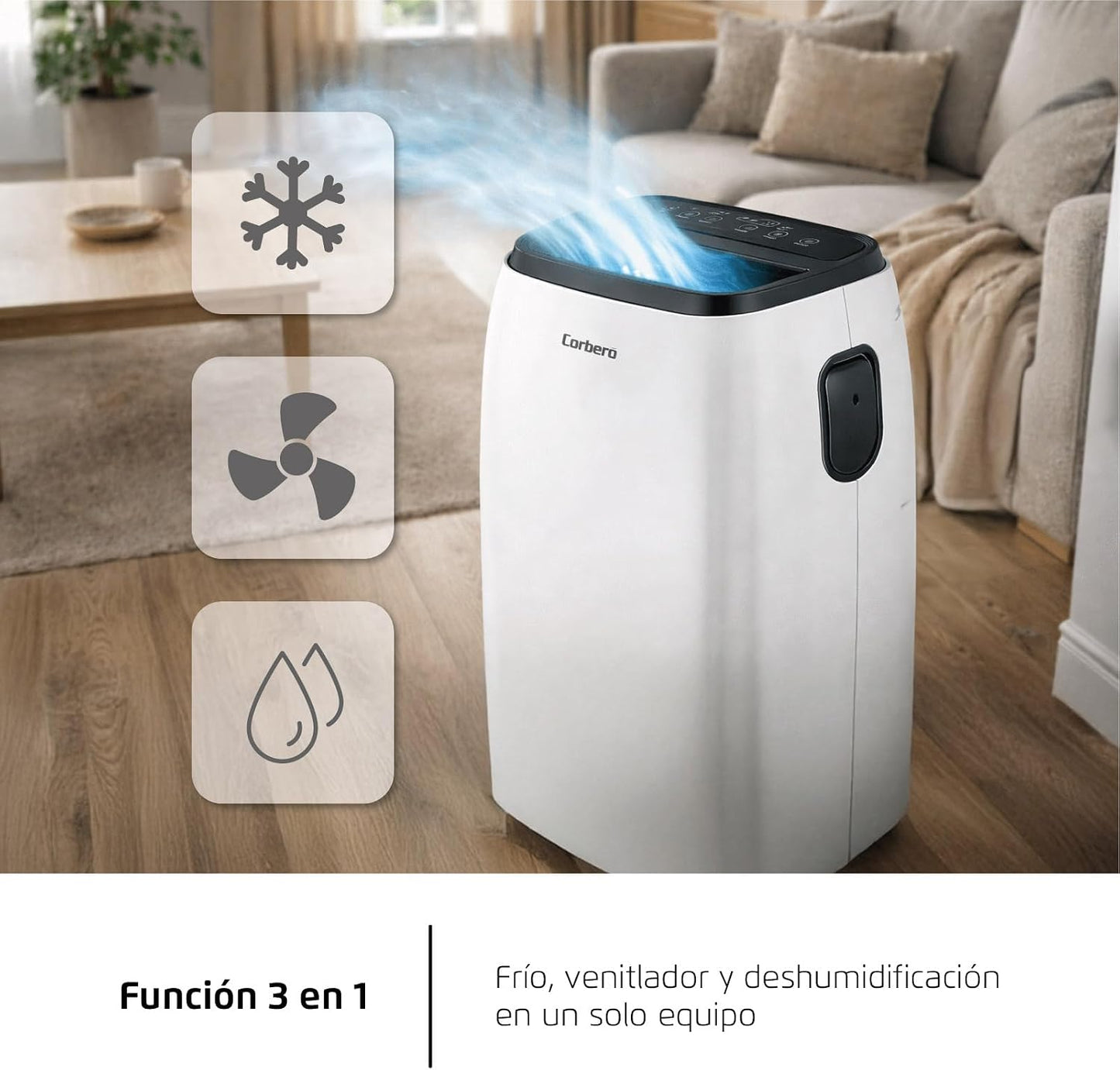 Corberó - Aire Acondicionado Portátil 3 en 1 con Mando | CPC14 | 14000 BTU- 4100 Frigorías | Cobertura 25-40 m² | 16-31 ºC | Refrigeración | Ventilador| Deshumidificación | Temporizador