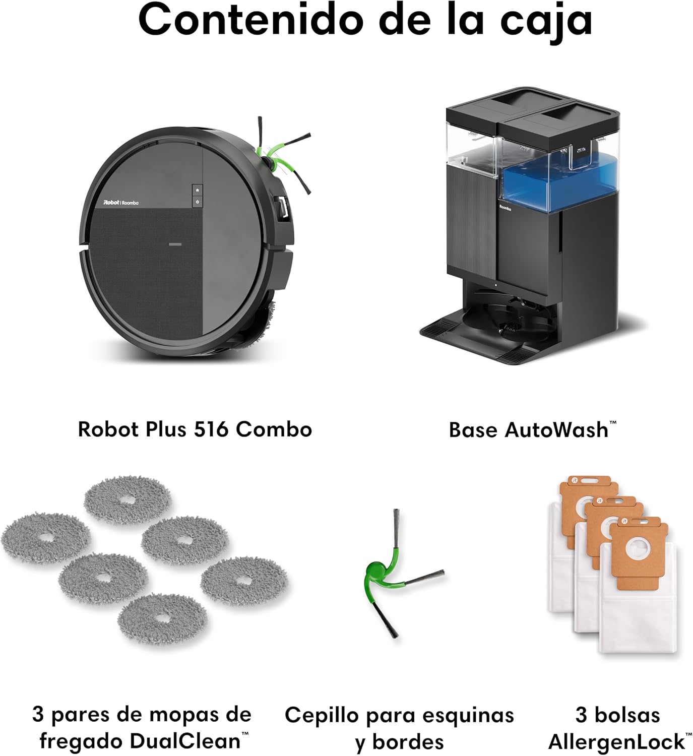 iRobot Roomba Plus 516 Combo Base AutoWash multifunción autolimpiable, 22KPa, Mopas DualClean Elevables y Extensible, Lava 75º, Seca 45º, Clearview LiDAR, Autonomía 90 Días, Accesorios Extra, Negro