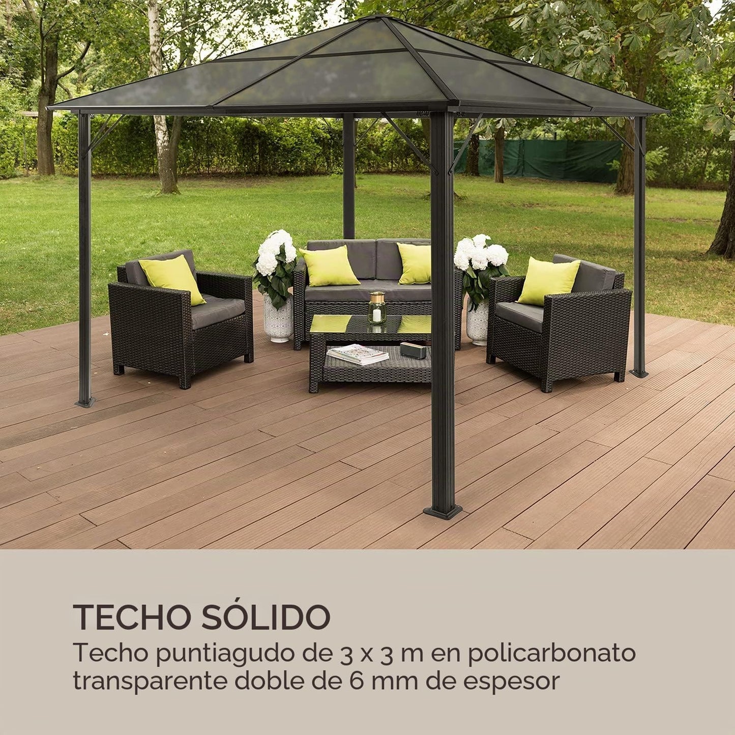 Blumfeldt Pergola Jardín Impermeable 3x3m, Gazebo Techo Policarbonato, Kit de Pérgola Metálica Ligera Estructura Aluminio, Carpa Exterior, Pérgola Cristal Translúcido, Luces LED Regulables