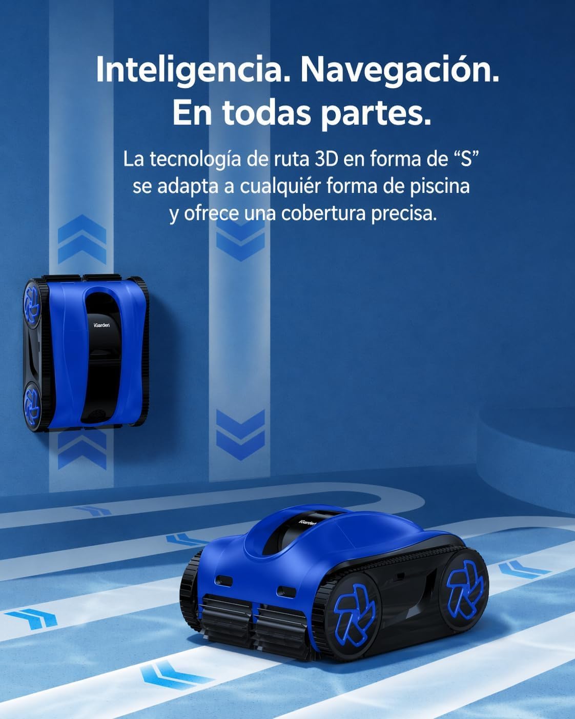 iGarden K Robot Piscina Limpiafondos y Paredes, Doble Filtración, 4H de autonomia, Control App, 5 Modos, Pantalla táctil, Temporizador IA, Navegación Inteligente y función Auto Parking