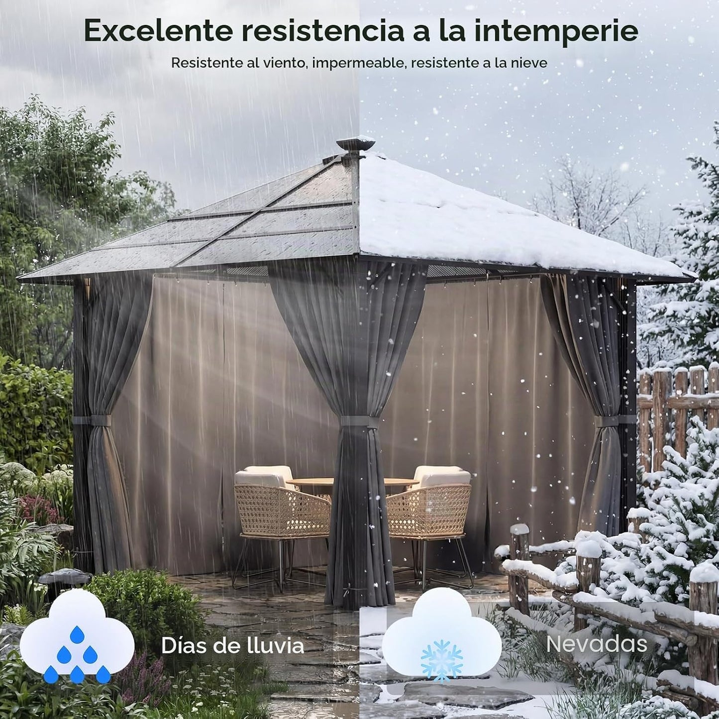 Devoko Pabellón 3x3 Impermeable Estable Resistente al Invierno, Pabellón de Jardín de Aluminio, Pabellones para Barbacoa con Techo Fijo Translúcido, Protección UV 50+, Pérgola Adecuada para Jardines