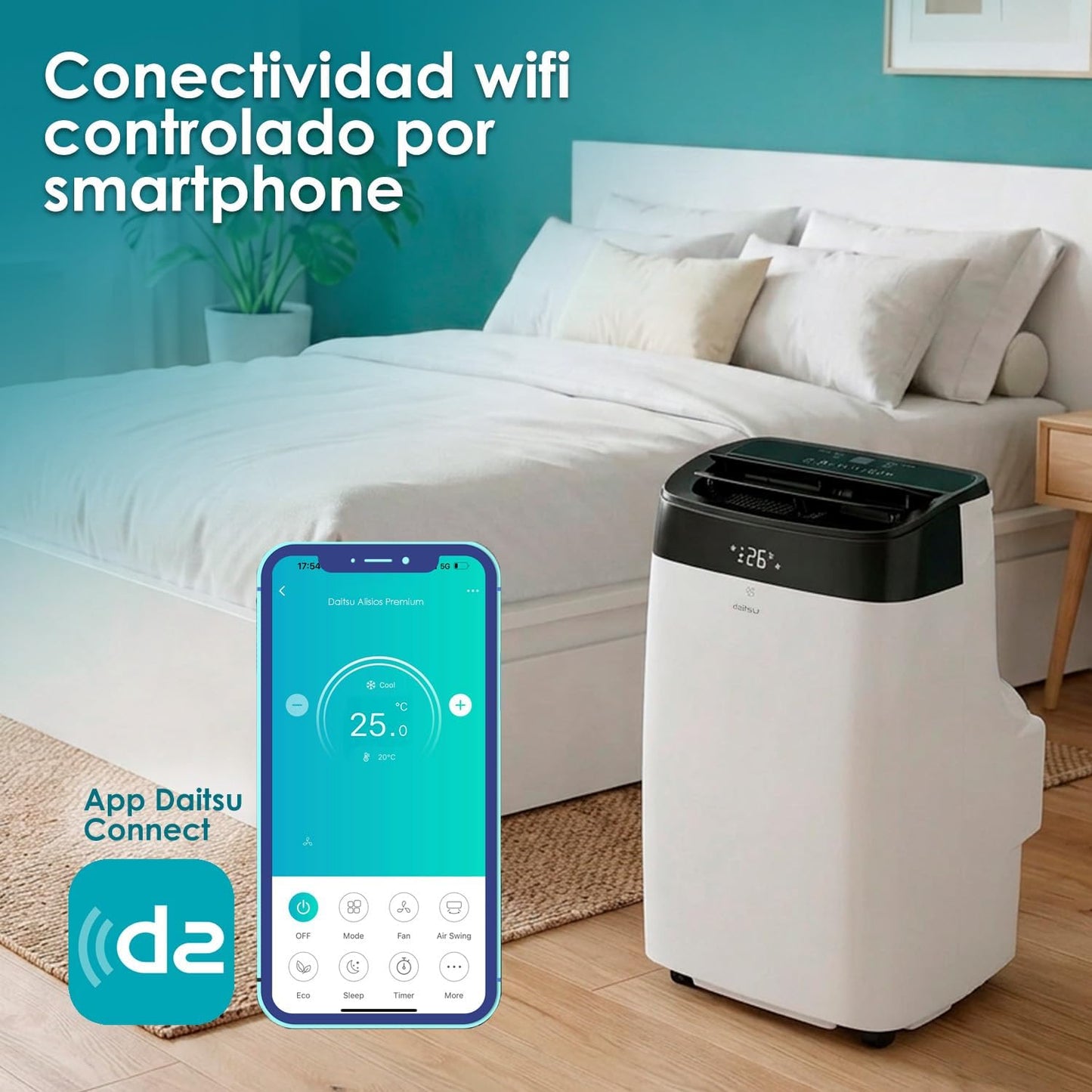 Daitsu Aire Acondicionado Portátil con Deshumidificador Alisios Premium APD 09FX2 | Mando a Distancia | Eficiente y Compacto para el Hogar y Oficina | Estancias hasta 22 m2.