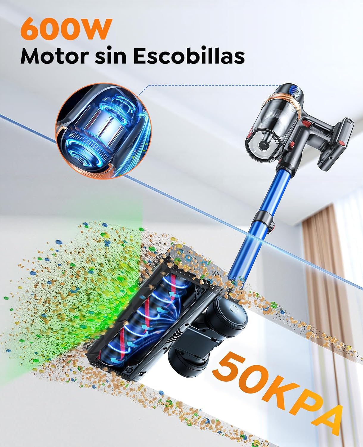 600W/50KPa Aspiradora sin Cable,65 Mins Autonomía,Aspirador Escoba Vertical con Cepillo Antiácaros,Pantalla Táctil,Función Aromática,Carga en Pared,Anti-Enredos,Luz LED,Adecuado Suelos/Sofás/Mascotas
