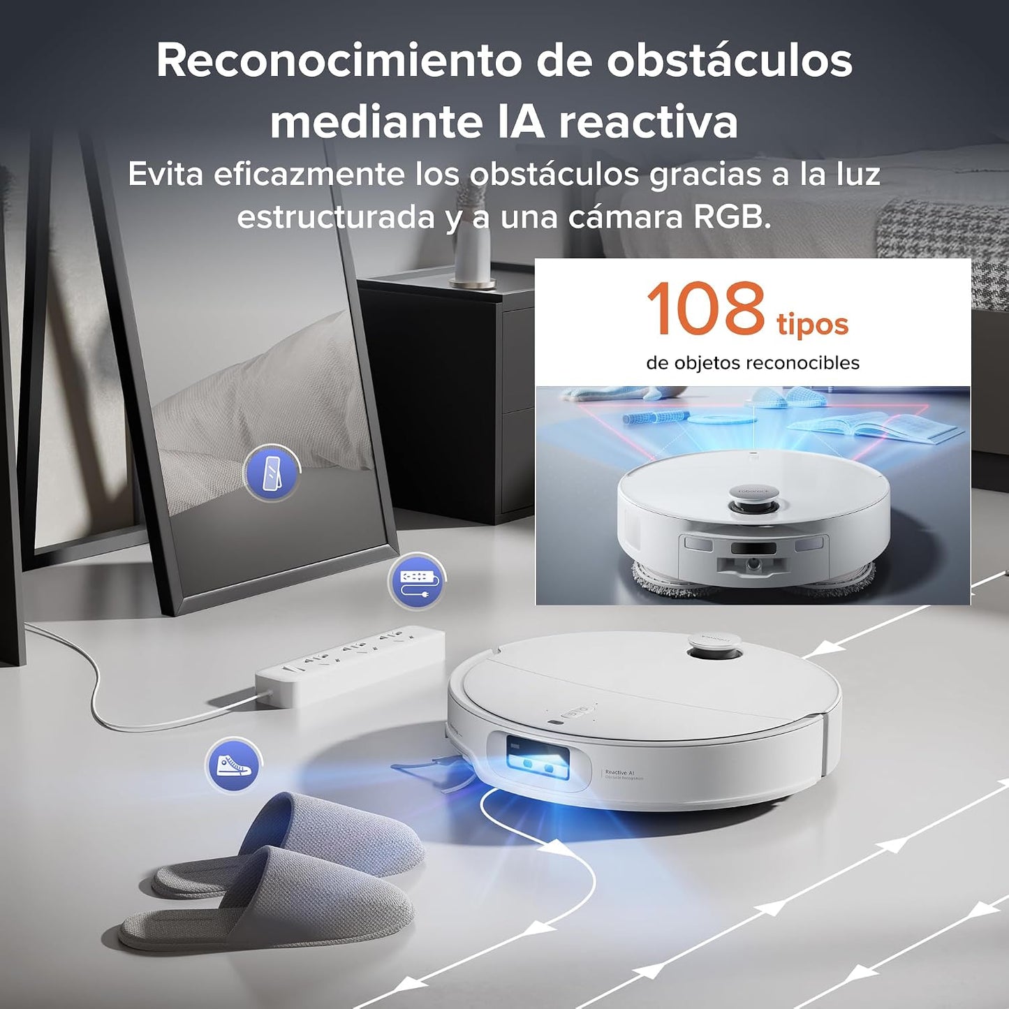 roborock Qrevo EdgeT Robot Aspirador con FlexiArm y Sistema Doble Desenredos, Succión 18500 Pa, 7,98 cm Ultrafino, Base Multifuncional 3.0 con Agua Caliente para Lavar Mopa, Controlado por App y Voz