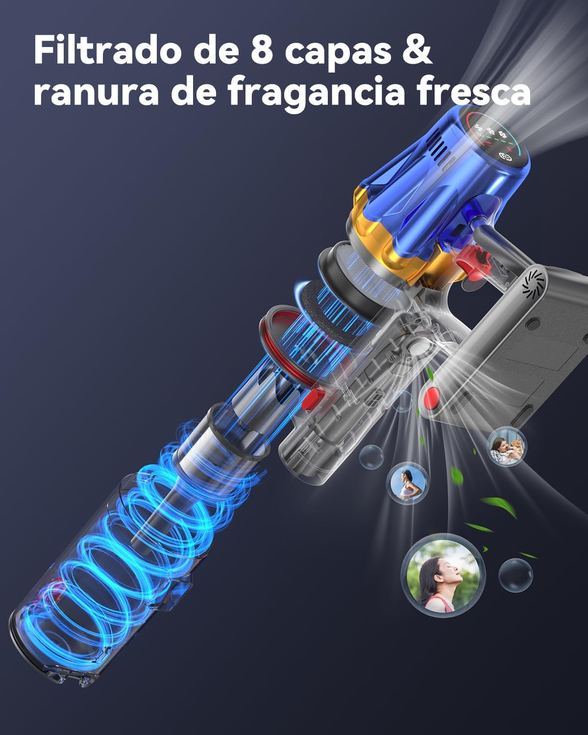H9 Aspiradora Sin Cable, Aspiradora Potente 58Kpa/650W, 90Min Autonomía, Pantalla Táctil LED, Autoportante, Cepillo Antienredos para Suelos/Alfombras/Pelo de Mascotas, Azul