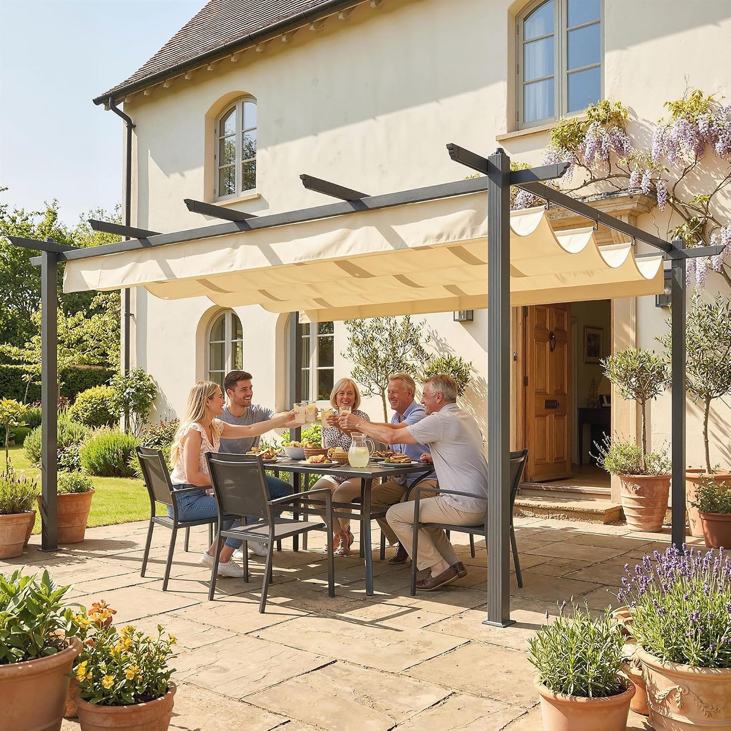 Outsunny Pérgola de Jardín 4x3 m con Techo Retráctil, Cenador de Jardín con Estructura de Aluminio, UPF30+, Orificios de Drenaje, Pabellón para Exterior, Patio, Terraza, Crema
