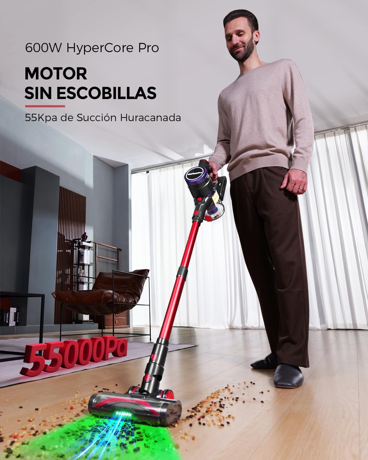VACTechPro 55000Pa/600W/70Min Aspiradora sin Cable, 1.6L Escoba Aspirador sin Cable con Filtración de 8 Capas, Súper Silencioso Aspirador Vertical con Cepillo Antienredos, Aspiradora, Rojo Oscuro