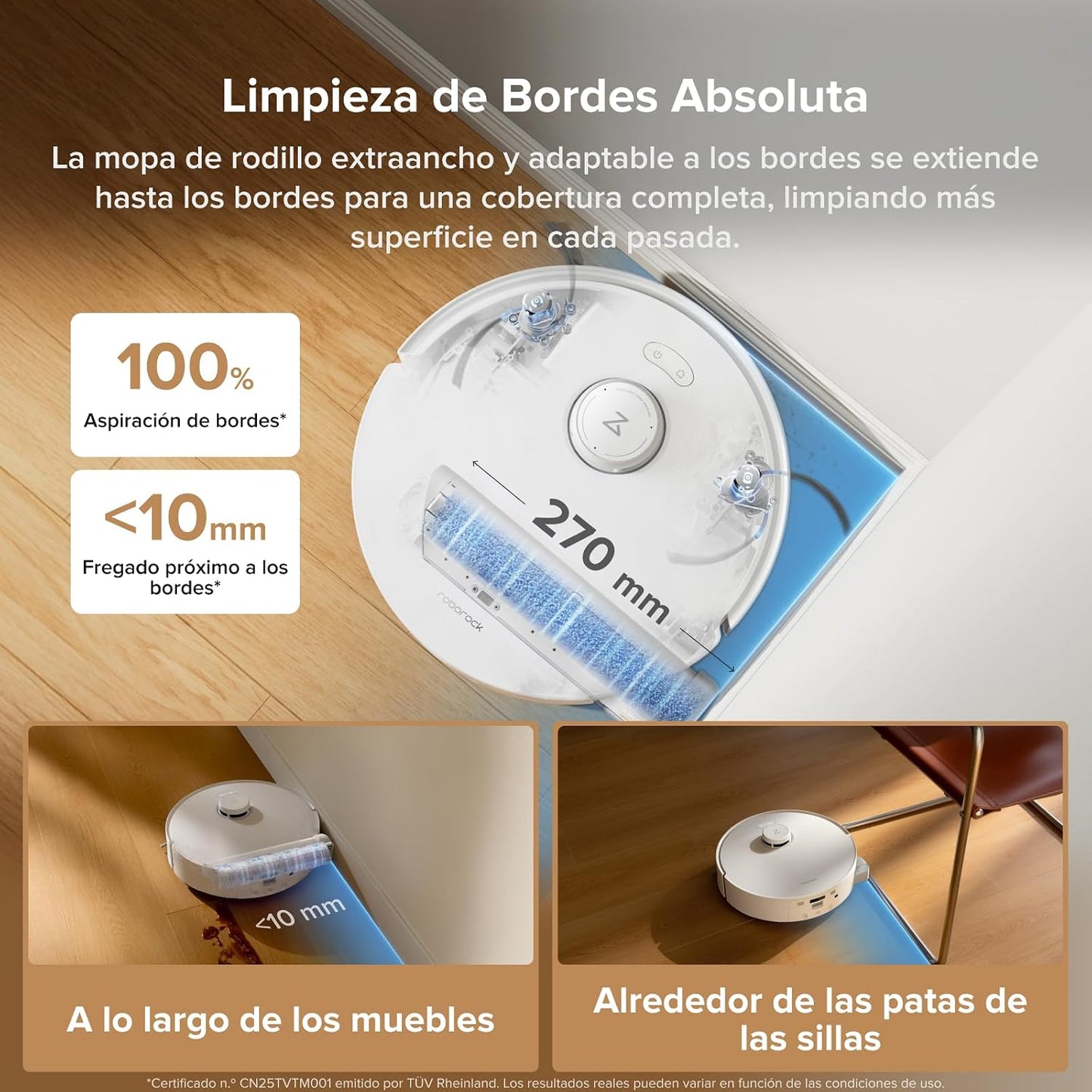 roborock Qrevo Curv 2 Flow Robot Aspirador con Rodillo Extensible de 270 mm, Refresca Mopa Siempre, Succión de 20000 Pa, Sistema Doble Antienredos, Estrategia para Alfombras Inteligente, Autovaciado