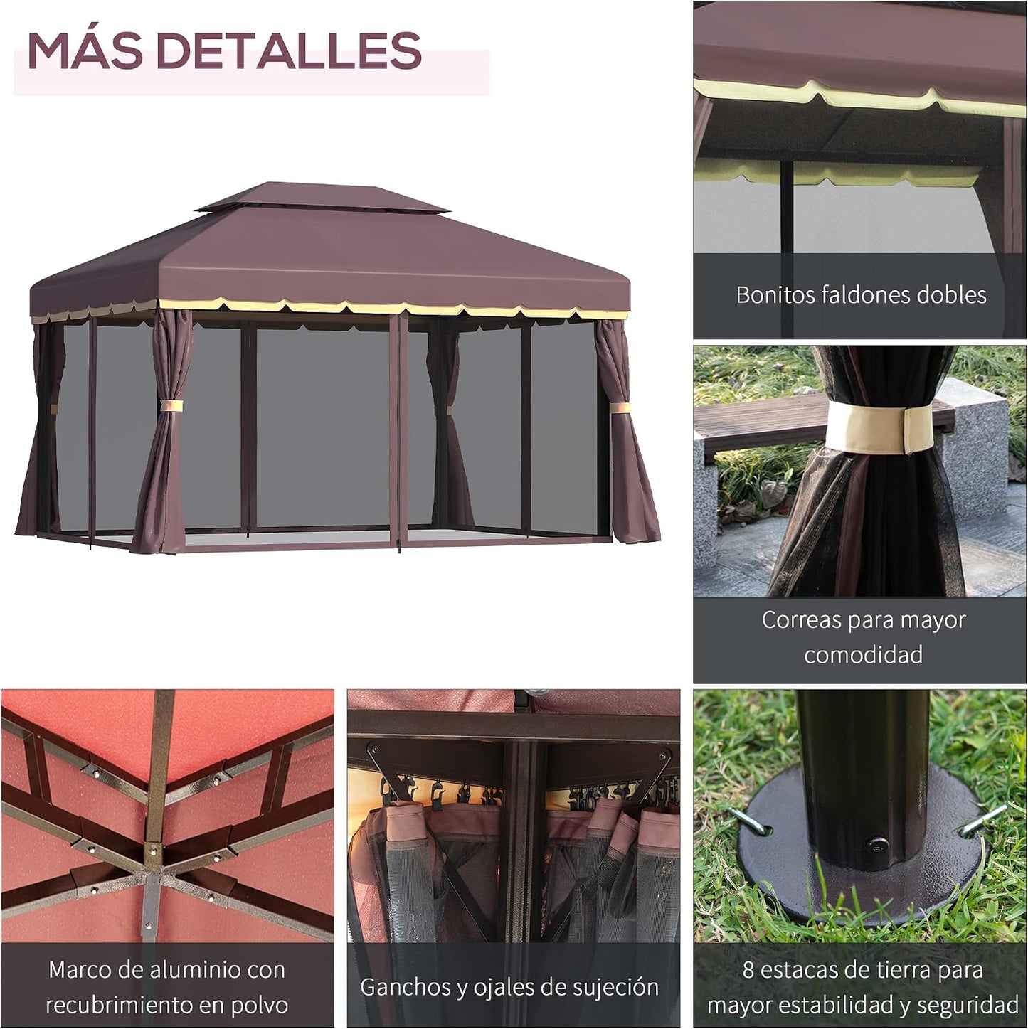 Outsunny Cenador de Jardín 4x3 m Gazebo de Aluminio con Techo de Ventilación 4 Cortinas Laterales 4 Mosquiteras y 8 Orificios de Drenaje para Fiestas Eventos Exterior Café