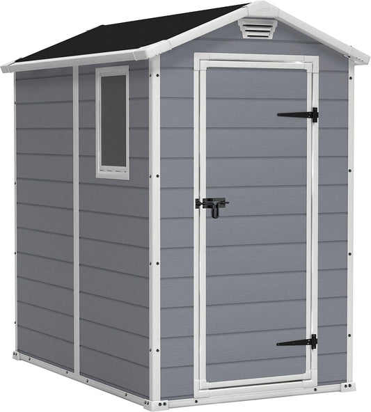 Keter Manor 4X6 - Caseta de jardín, 130x192x198cm y 2,2m2, Suelo, Sistema de ventilación, Puerta y Ventana, Resistente al Agua, Color Gris