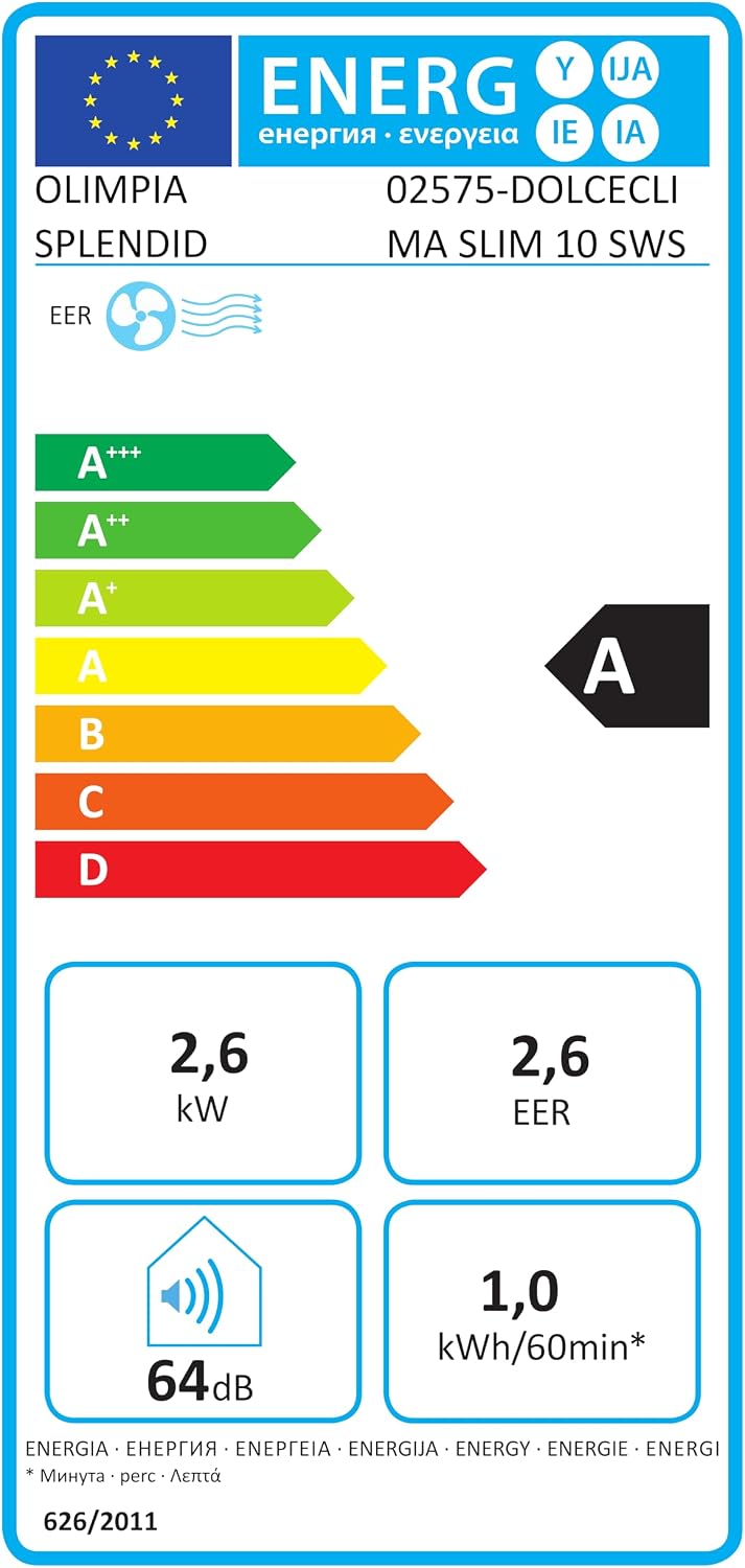 Olimpia Splendid, Dolceclima Slim 10 SWS Wifi, Climatizador Portátil 10.000 BTU/h, Slim Design, Clase A, Potencia 2,6 kW, Funciones Enfriamiento, Deshumidificación, Ventilación, Wifi Integrado