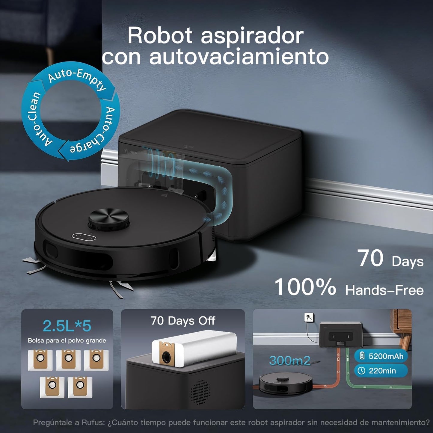 Robot Aspirador y fregasuelos hasta 8000 Pa Potente succión Autovaciado Autonomía de 220 Minutos Navegación Láser LiDAR y Mapeo Lnteligente,Limpieza Personalizada Control por Voz y App-B