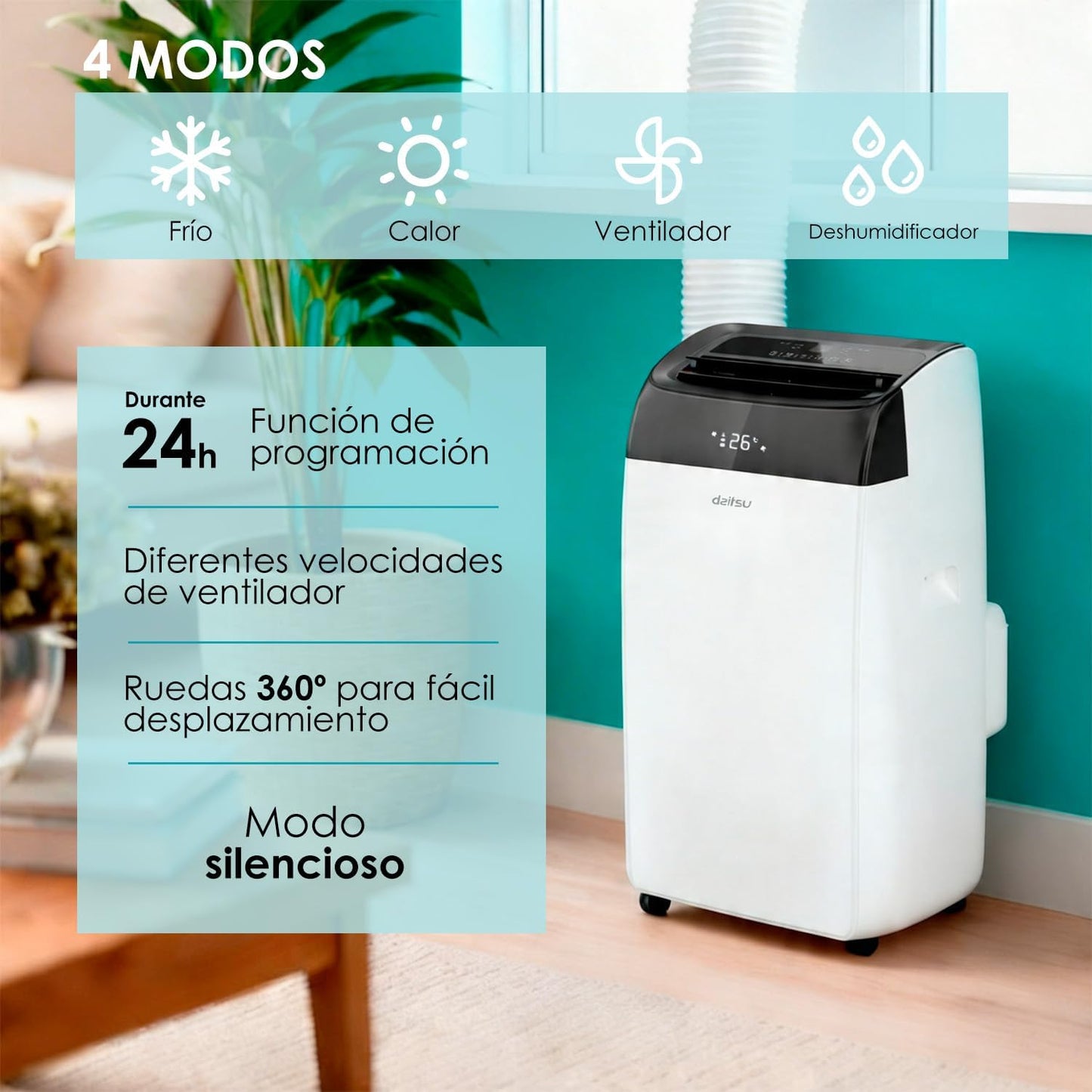 Daitsu - Aire Acondicionado Portátil Frío,Calor, Deshumidificador y Ventilador | 4 en 1 | Alisios Premium APD12FCX | Compacto y Silencioso | Mando a Distancia | Para Hogar u Oficina hasta 30 m²
