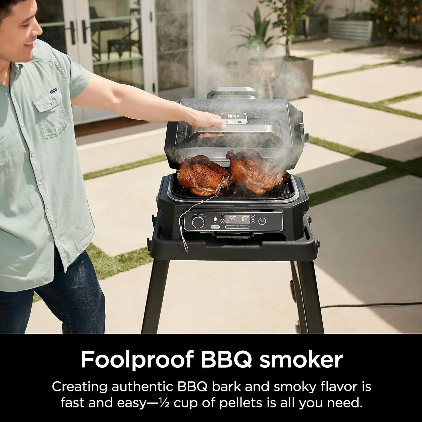2026 Parrilla y ahumador exterior Ninja Woodfire Pro XL, termómetro, master grill 4 en 1, barbacoa ahumador, freidora de aire exterior, horno, portátil, parrilla eléctrica, gris oscuro, modelo OG850