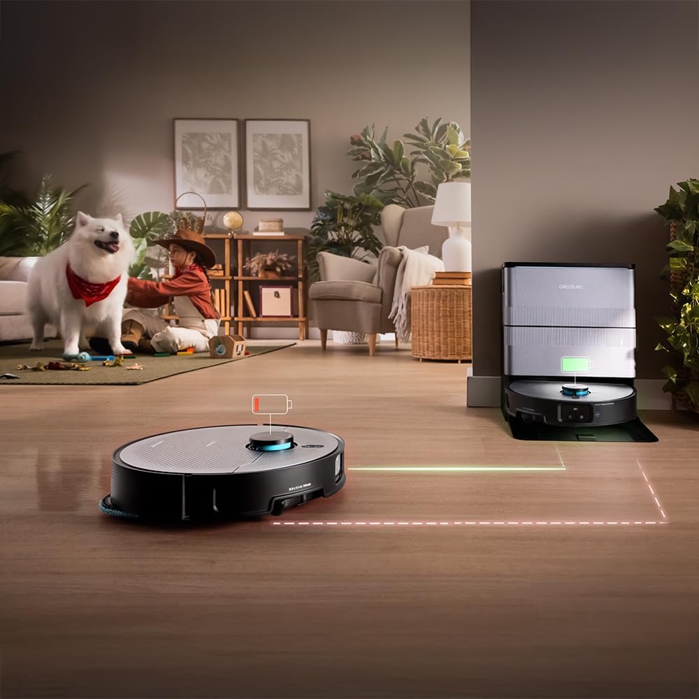 Cecotec Robot Aspirador con Base Autovaciado e IA Conga X100. Láser e Inteligencia Artificial con Cámara, Motor Succión 20000Pa, Mopas Giratorias Elevables, Cepillo Lateral y Mopa Derecha Extensibles