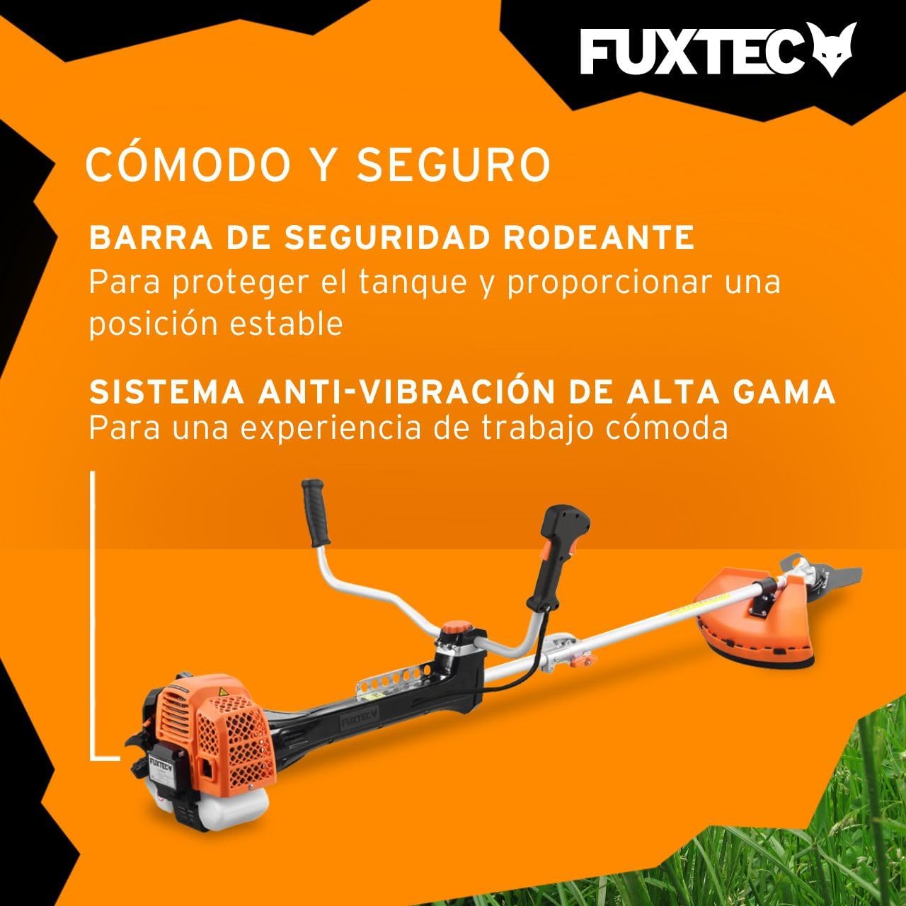 FUXTEC Desbrozadora profesional de gasolina de 62 cc, 3,5 CV, Multiherramienta 2en1, con correa para el hombro, sistema antivibratorio recortadora multifunción Motor 2 tiempos