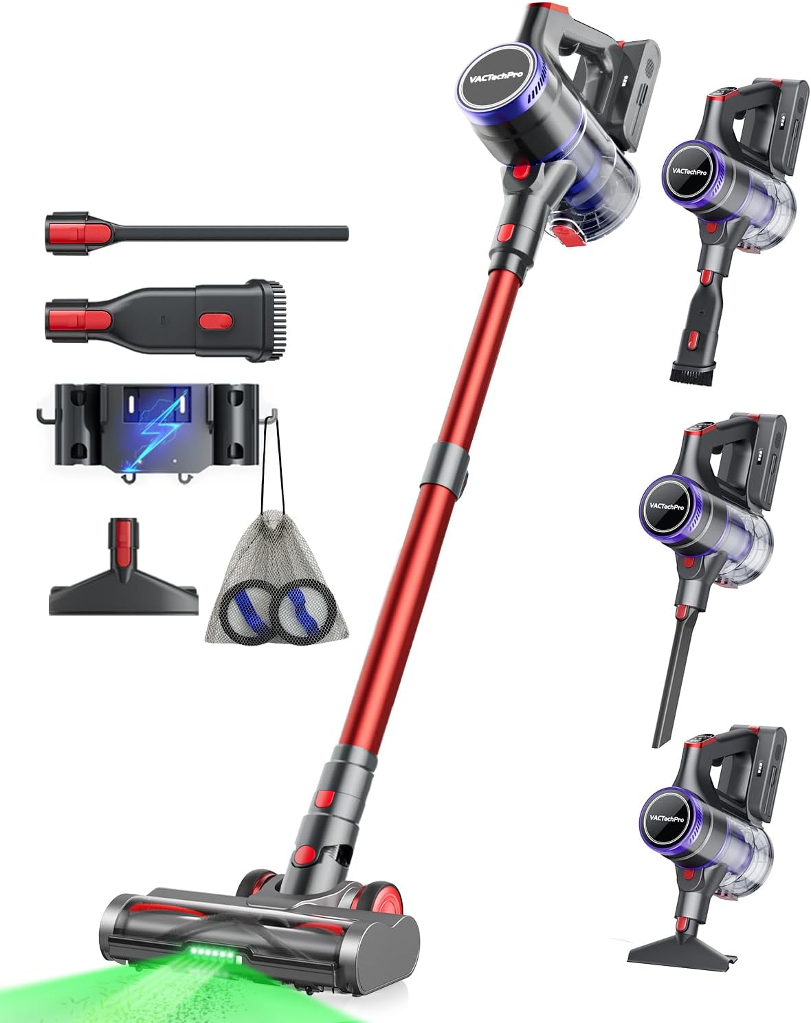 VACTechPro 55000Pa/600W/70Min Aspiradora sin Cable, 1.6L Escoba Aspirador sin Cable con Filtración de 8 Capas, Súper Silencioso Aspirador Vertical con Cepillo Antienredos, Aspiradora, Rojo Oscuro
