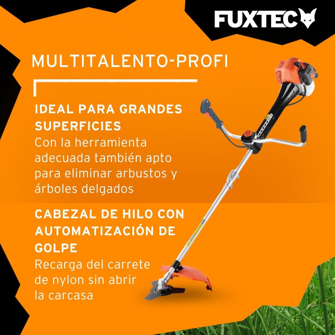 FUXTEC Desbrozadora profesional de gasolina de 62 cc, 3,5 CV, Multiherramienta 2en1, con correa para el hombro, sistema antivibratorio recortadora multifunción Motor 2 tiempos