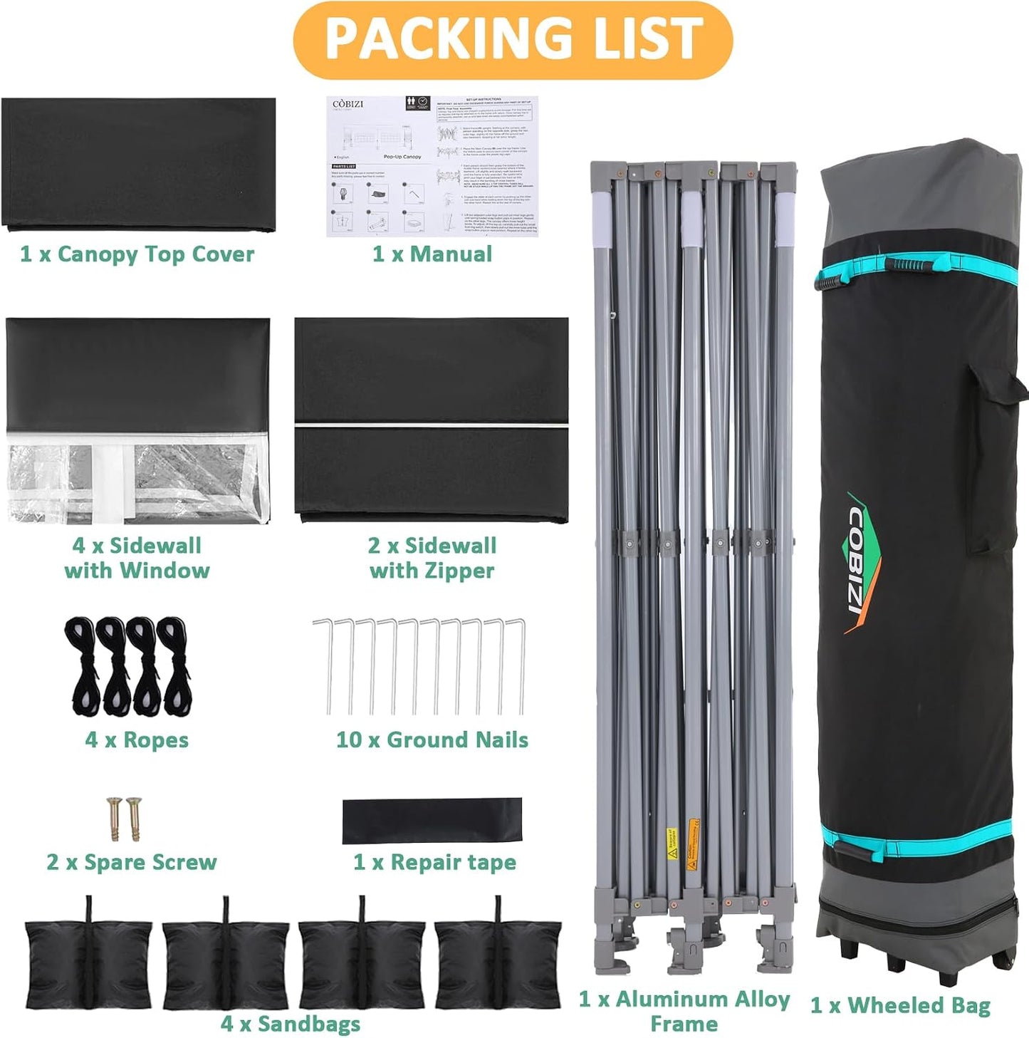 COBIZI Carpa Plegable 3x6 con Pared Lateral,Impermeable Carpa Plegable,Carpas para Exteriores Pergola,Cenadores para Jardin Fiesta Camping Playa (3 por 6m Negro)