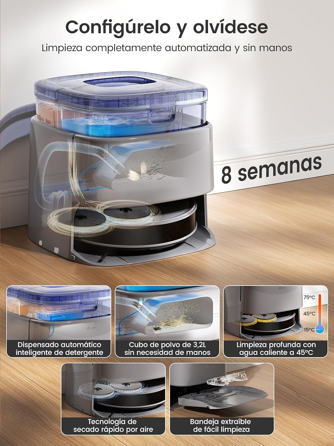 LEFANT M3 Max Robot Aspirador y Fregasuelos, Todo-en-Uno 20000 Pa, 210min, Auto-Lavado/Secado Mopa, Auto-Vaciado 3,2L, dToF Navegación Láser, Evita Obstáculos, WiFi/Alexa/App/i Watch, 2.4G & 5GHz WiFi