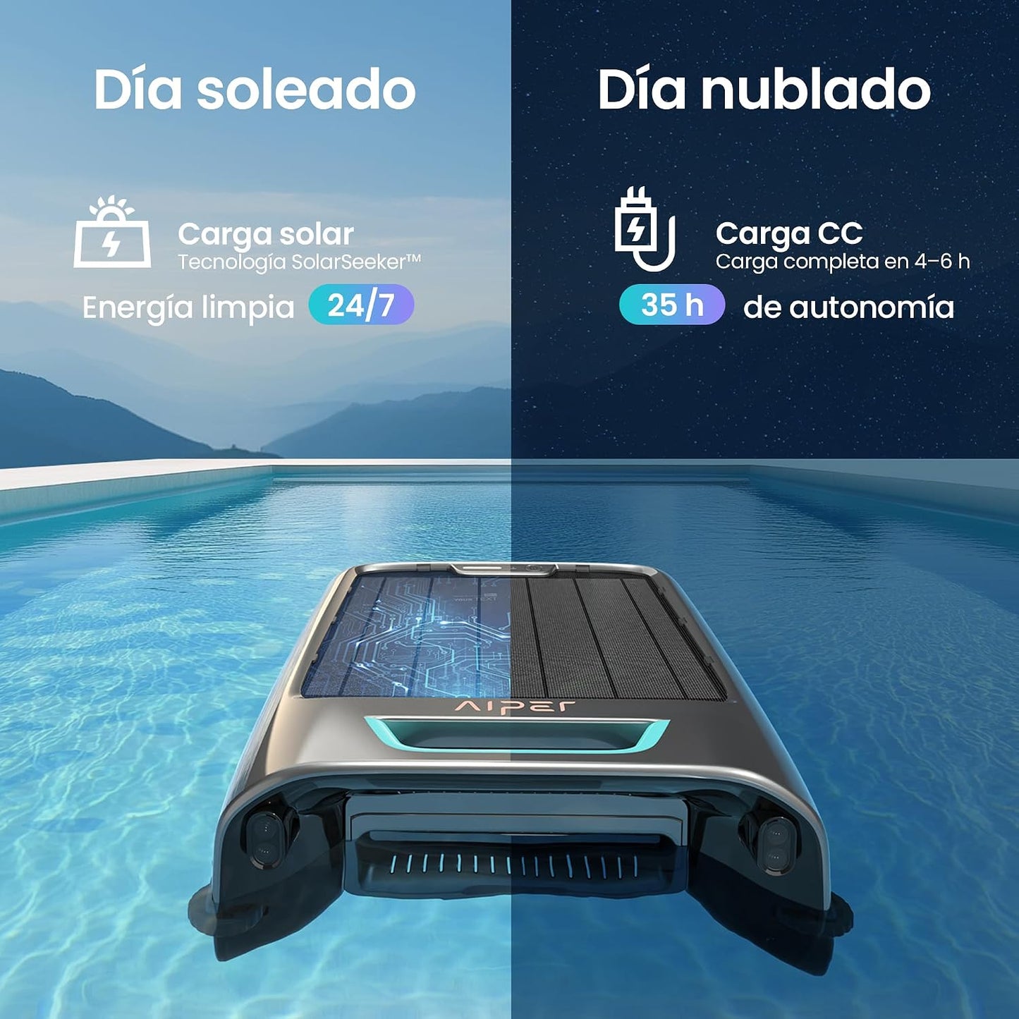 AIPER EcoSurfer S2 Robot Skimmer Superficie Piscina Solar, Robot Piscina Inalámbrico con App, Limpieza de Superficie 24/7, Carga Solar y DC, Detección de Obstáculos, Filtro 150 µm, Actualizaciones OTA
