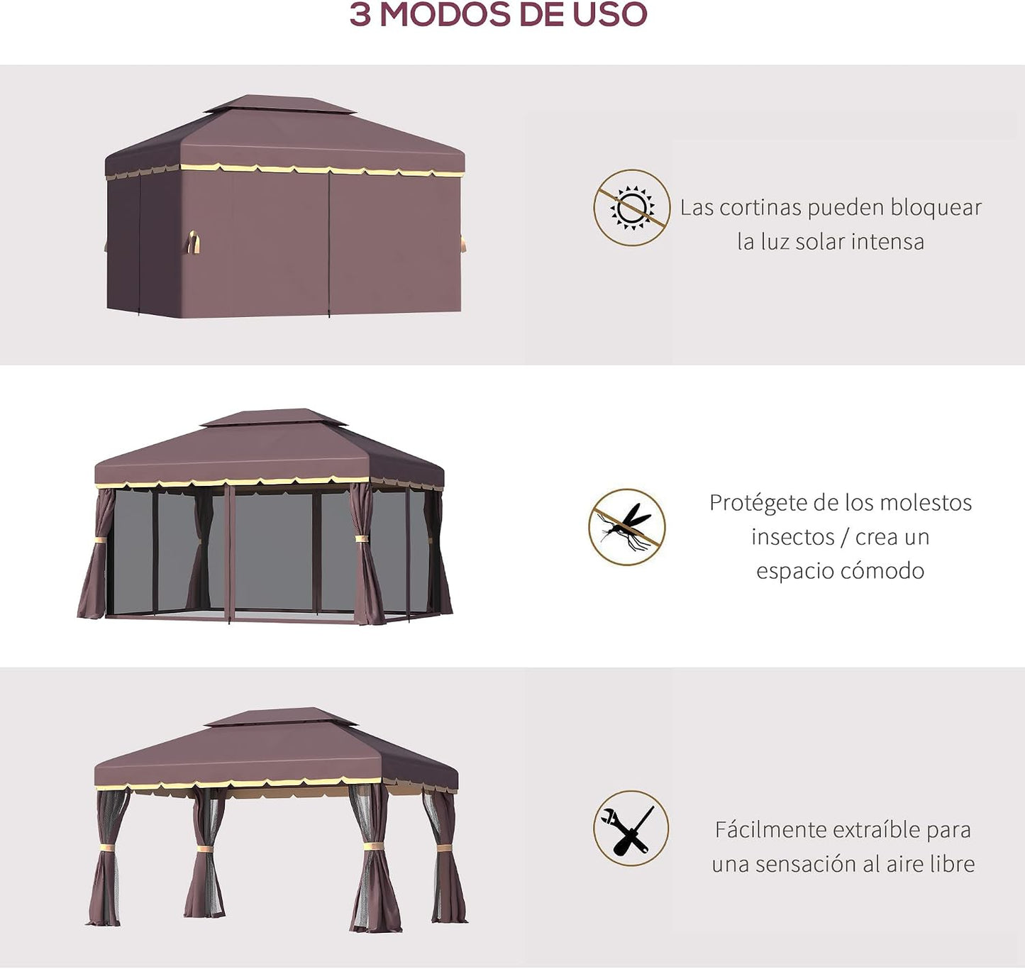 Outsunny Cenador de Jardín 4x3 m Gazebo de Aluminio con Techo de Ventilación 4 Cortinas Laterales 4 Mosquiteras y 8 Orificios de Drenaje para Fiestas Eventos Exterior Café