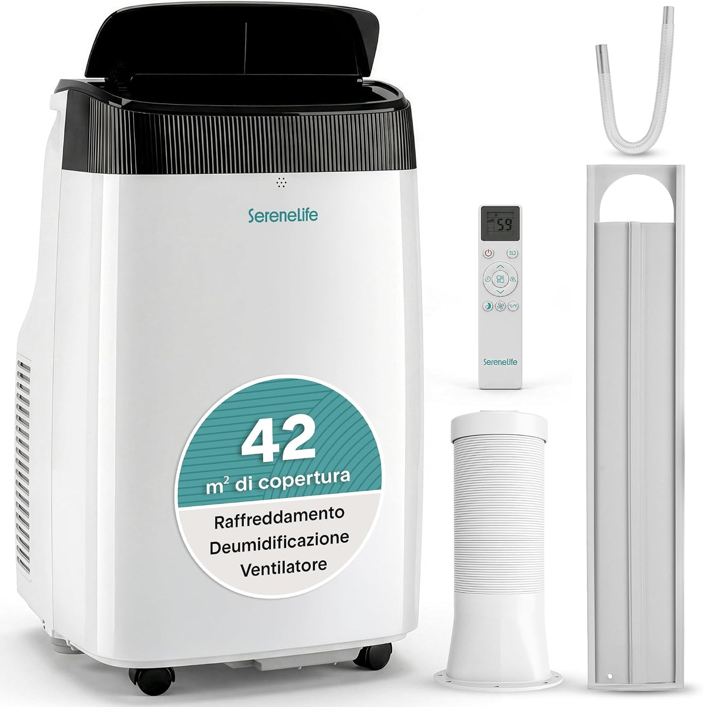 SereneLife Aire acondicionado portátil 3 en 1, deshumidificador integrado, ventilador, mando a distancia, kit de salida de ventana, 9,000 BTU, clase A