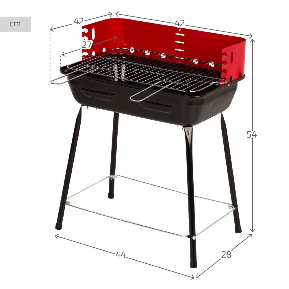 Barbacoa Portátil Carbón Con Cortavientos Y Parrilla Regulable En Altura 42x42x54 Cm - Acero. Negro Y Rojo