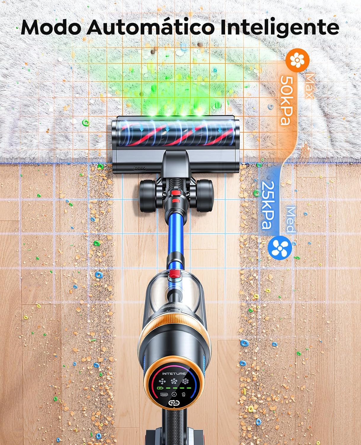600W/50KPa Aspiradora sin Cable,65 Mins Autonomía,Aspirador Escoba Vertical con Cepillo Antiácaros,Pantalla Táctil,Función Aromática,Carga en Pared,Anti-Enredos,Luz LED,Adecuado Suelos/Sofás/Mascotas