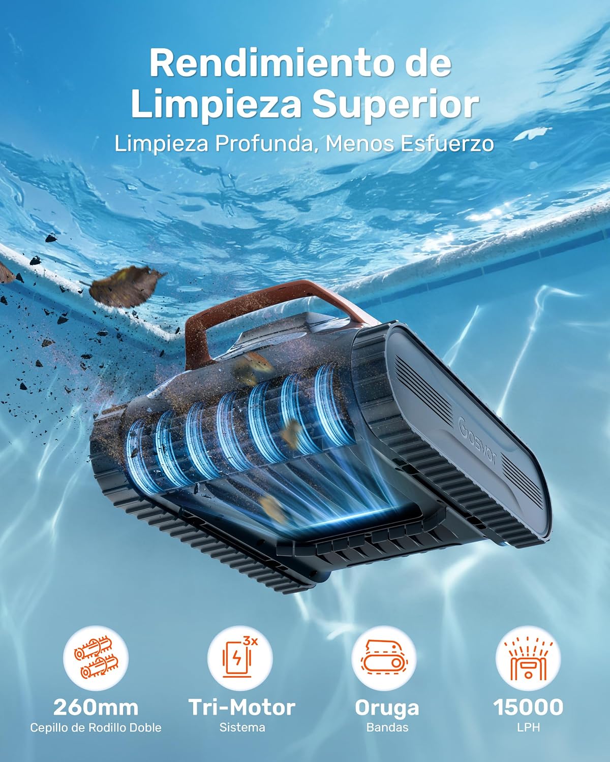 Gosvor (Nuovo 2026 Robot Piscina Limpiafondos y Paredes, Doble Filtración, Planificación Inteligente Rutas, 5 Modos, Control App, 200Min Autonomía, Línea Agua y Zona Poco Profunda,Gris Naranja