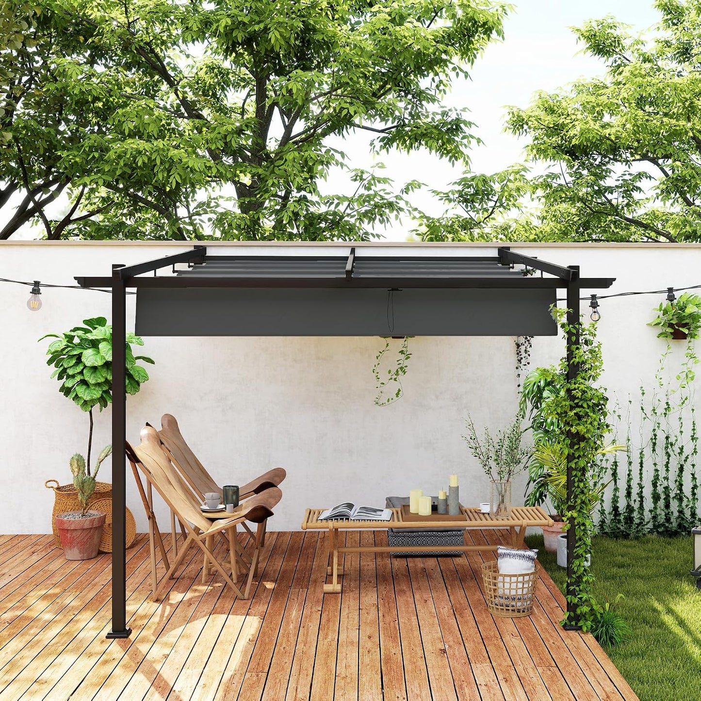 Outsunny pérgola con tejado Aprox. 3x3m para Patio y pabellón de jardín, aluminio, montado en la pared, protección solar ajustable