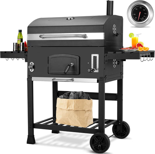 Barbacoa de Carbon XXL, Parrilla de Carbón con Chimenea y Tapa, Parrilla con Carrito BBQ Smoker con Ruedas y Termómetro, Grande BBQ Carbon para Camping y Jardín