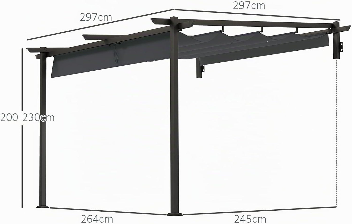 Outsunny pérgola con tejado Aprox. 3x3m para Patio y pabellón de jardín, aluminio, montado en la pared, protección solar ajustable