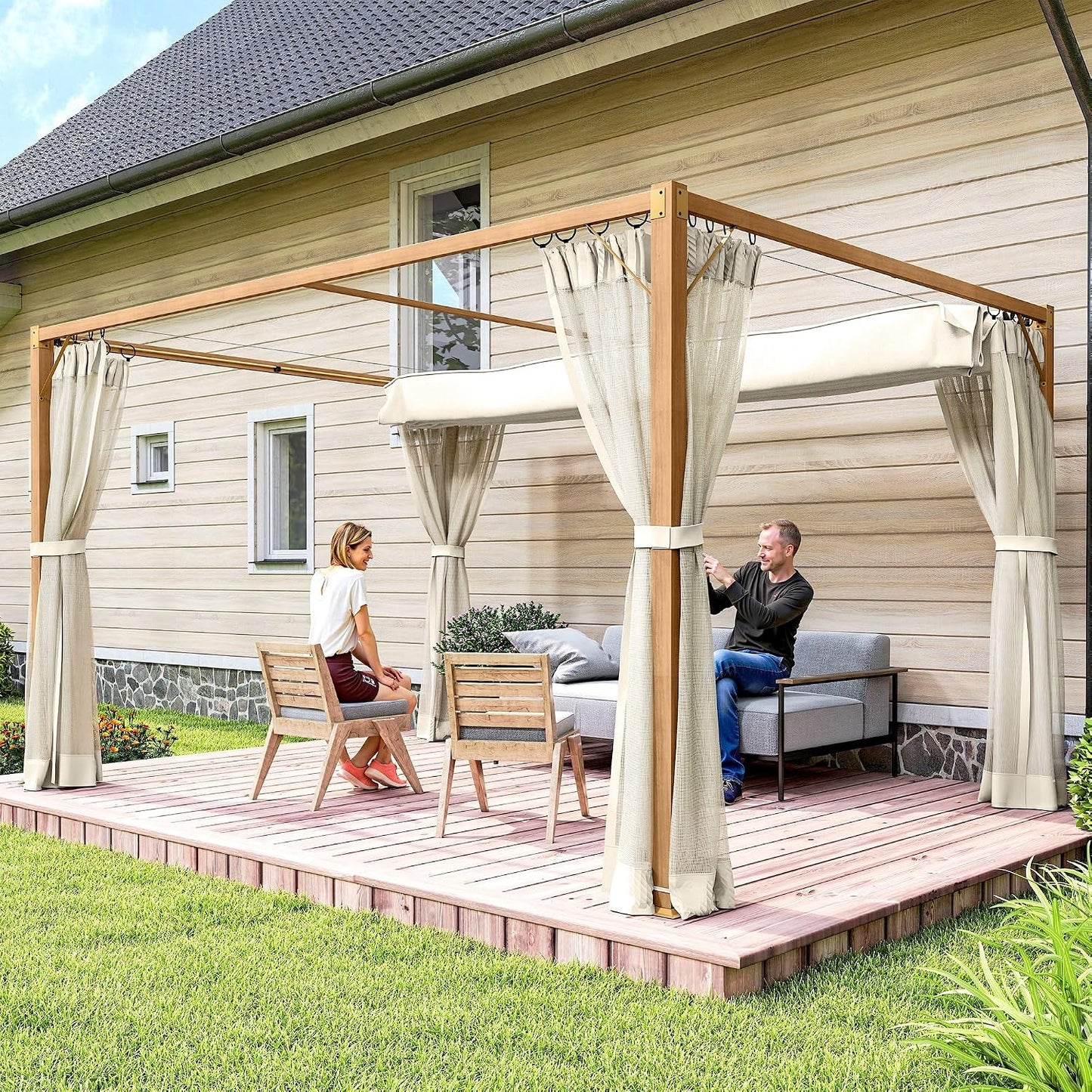 Outsunny Pérgola de Jardín 3x4 m con Techo Retráctil y 4 Paredes Laterales de Malla, Cenador de Jardín con Estructura de Aluminio, UPF30+, Pabellón para Exterior, Patio, Terraza, Natural