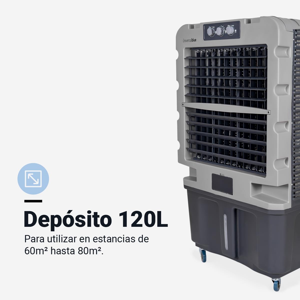 UNIVERSALBLUE Climatizador Modo Evaporativo y Frío Portatil | Aire Acondicionado Natural | x3 Packs de hielo | Capacidad 120L | 3 Velocidades | Silencioso | 10.000 m³/h | Superficies de 80 m²