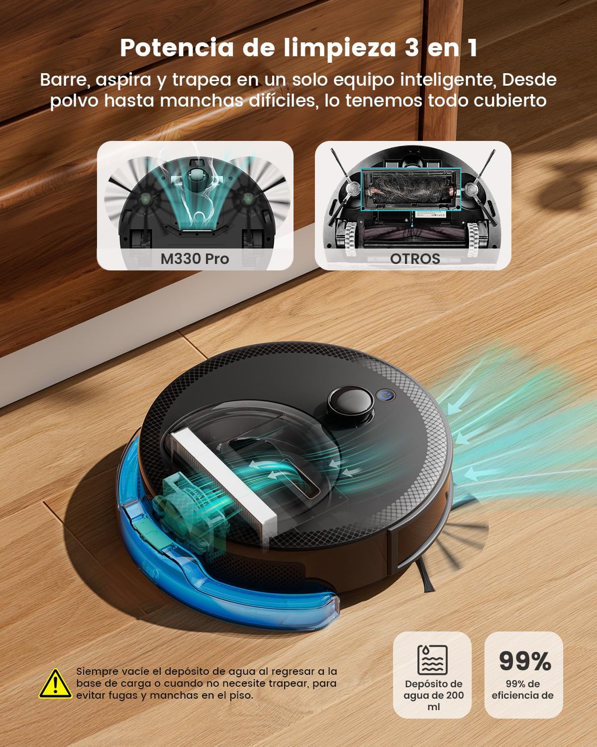Lefant M330 Pro Robot Aspirador y Fregasuelos con Mapeo 3 en 1, 5000Pa de Succión, 150 min, Evitación de Obstáculos PSD 190°, Navegación dToF, Zonas Virtuales, 2,4GHz y 5GHz WiFi/Alexa/App, Negro