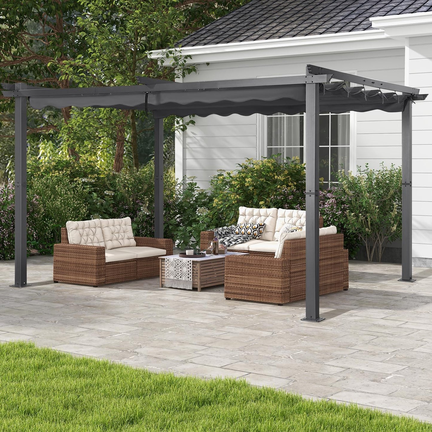 Angel Living Pérgola de Aluminio de 3 x 4 m con Techo retráctil, Pabellón con Diseño Elegante, Cenador con Tela de Poliéster Resistente al Agua y a UV, para Exteriores, Patio, jardín (Gris, 3 x 4)