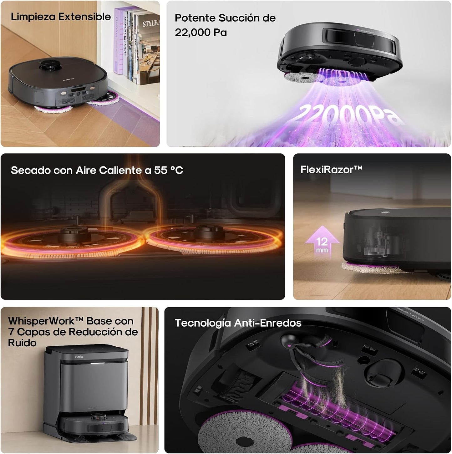 Eureka J15 EVO Ultra Robot Aspirador y Fregasuelos 22KPa con Base Multifuncional, Autovaciado, Autolimpieza, Cepillo Antienredo, Secado Aire Caliente, Limpieza de Alfombras Versátil