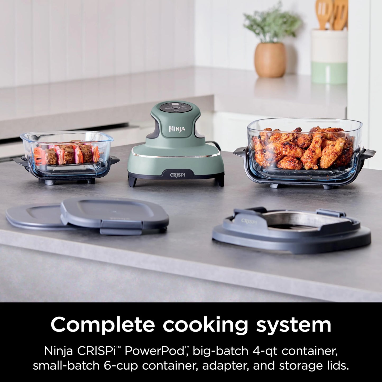 2026 Ninja Crispi Freidora de Aire Caliente, Compatible con Microondas, Congelador y Lavavajillas, Sistema de Cocina Portátil en Vidrio No Tóxico, Recipiente de Vidrio de 1,5 L con 6 Tazas y Tapas
