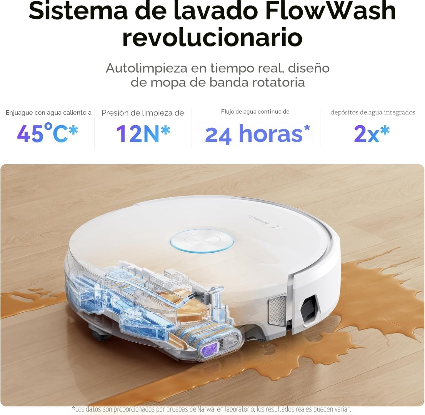 NARWAL Flow Robot Aspirador y Fregasuelos Todo en Uno, Sistema FlowWash de Autolimpieza, 22.000Pa de Succión, Tecnología Anti-Enredos para Pelo de Mascotas, Lavado con Agua Caliente 45-80°C