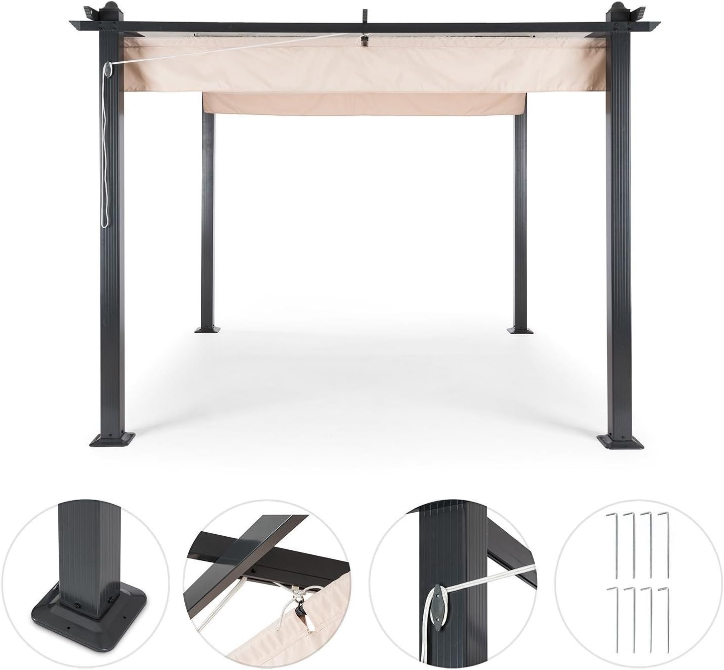 Pérgola de aluminio con toldo retráctil de 300 x 300 cm para exterior o jardín