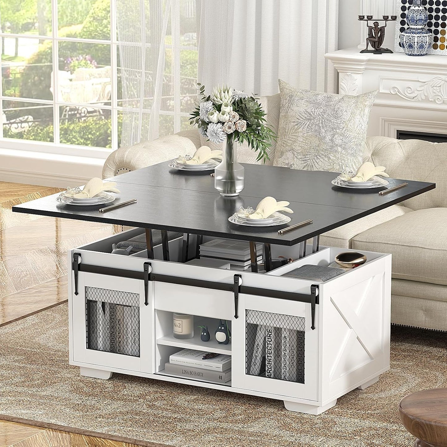 VOWNER Mesa de Centro Elevable, Mesa Extensible, Multifuncional 3 en 1 con Almacenamiento Oculto - Comedor, Convertible, Estilo Granja, Nogal