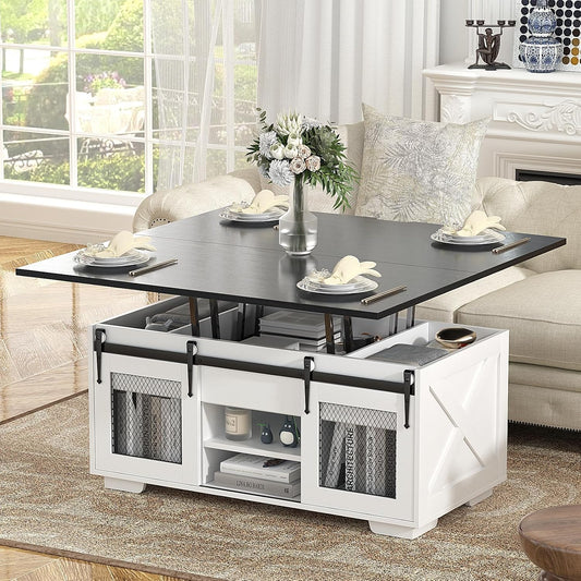 VOWNER Mesa de Centro Elevable, Mesa Extensible, Multifuncional 3 en 1 con Almacenamiento Oculto - Comedor, Convertible, Estilo Granja, Nogal