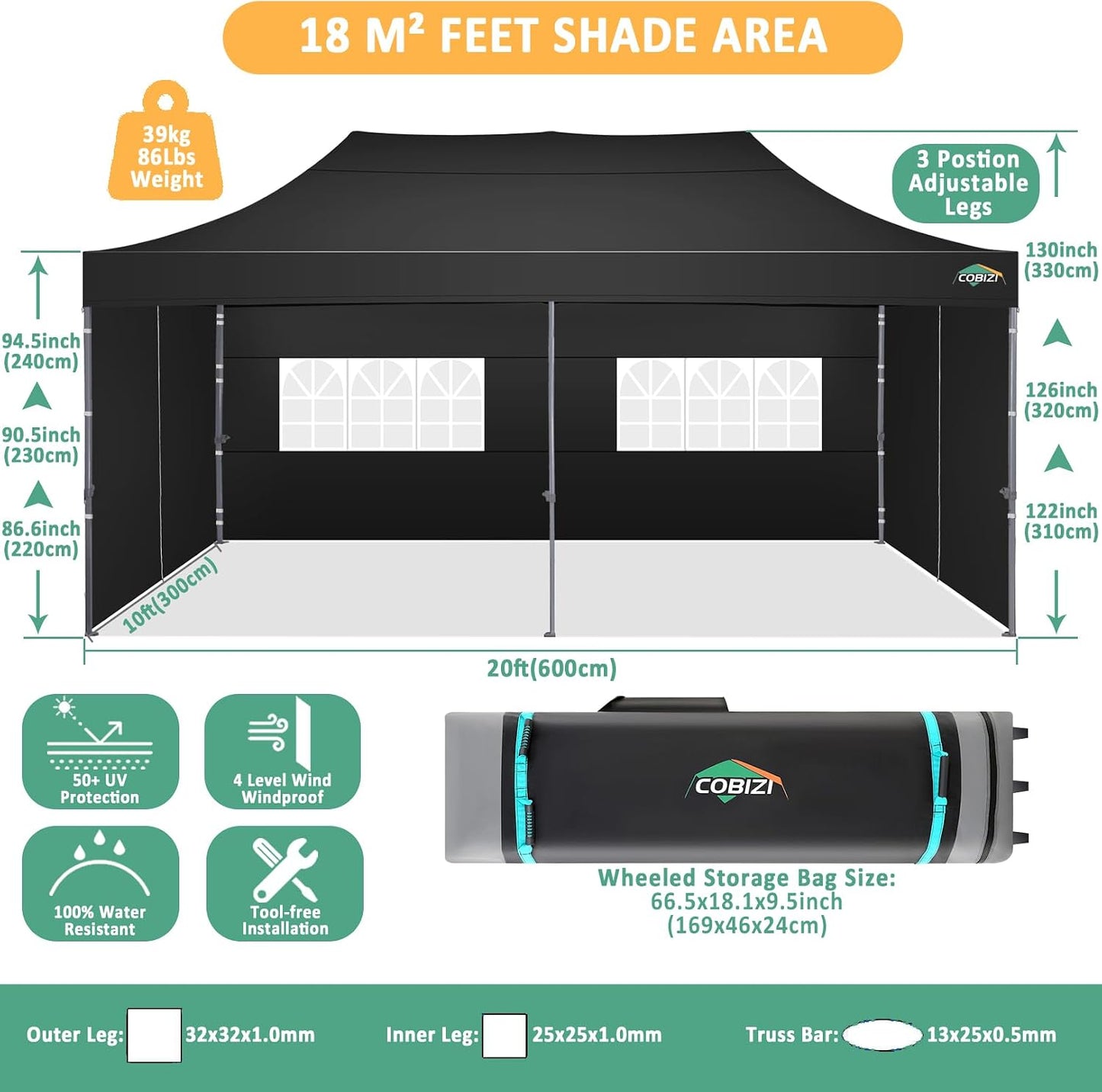 COBIZI Carpa Plegable 3x6 con Pared Lateral,Impermeable Carpa Plegable,Carpas para Exteriores Pergola,Cenadores para Jardin Fiesta Camping Playa (3 por 6m Negro)