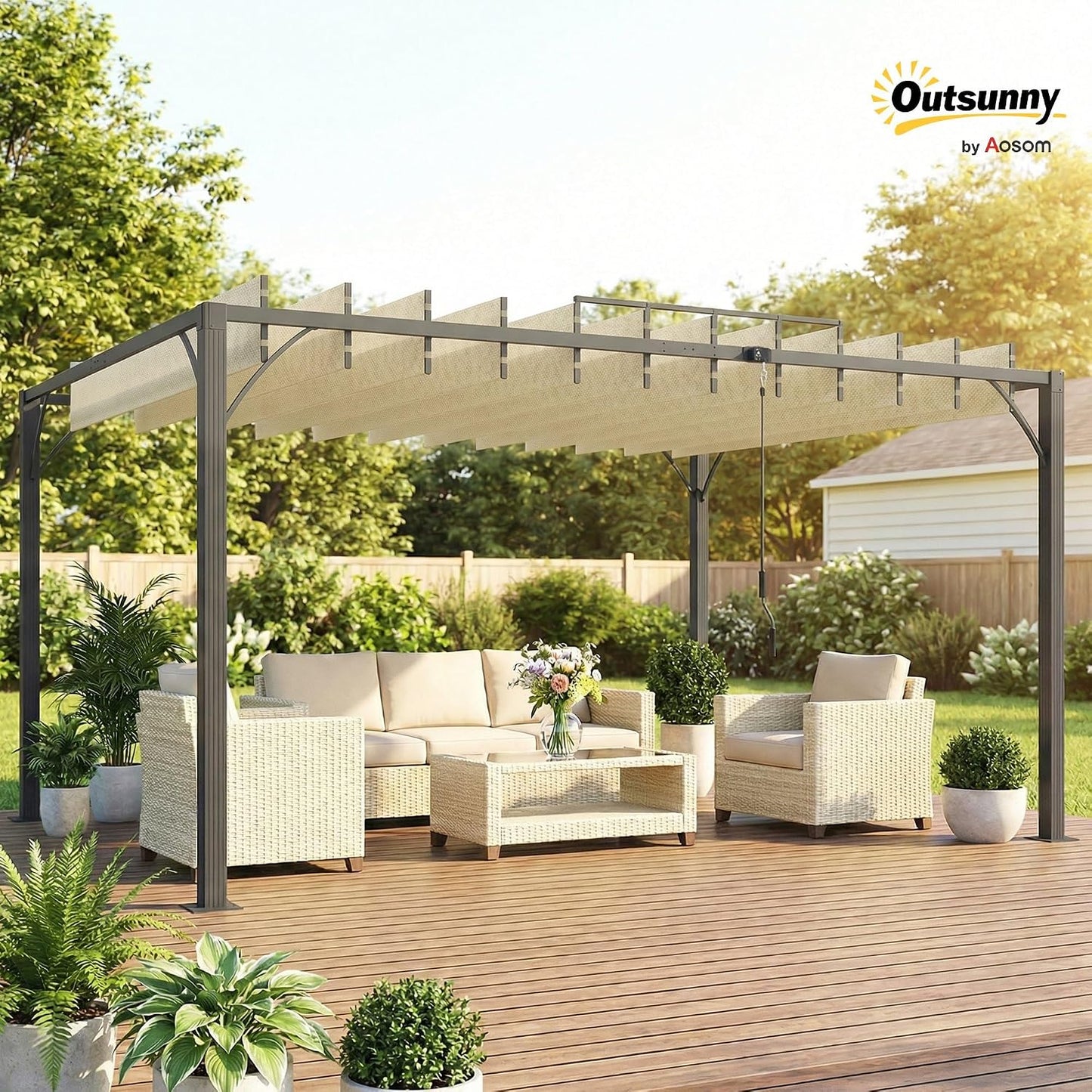 Outsunny Pérgola de Jardín 3x4 m, Cenador de Jardín con Techo de Lamas Orientables a 135°, Columna de Aluminio, Vigas de Hierro, Protección UPF30+, Pabellón para Exterior, Patio, Terraza, Blanco Crema